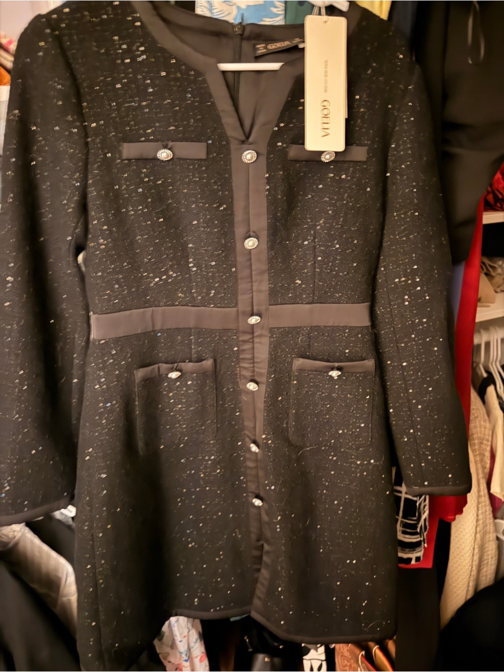 Vero Moda Black Tweed Long-Sleeve Dress Coat with Crystal Buttons